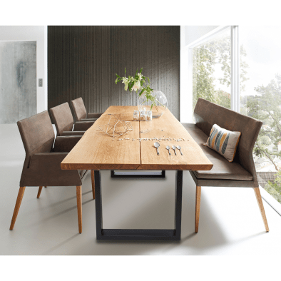 Woodek Esstisch OAKEN aus massiver Eiche, Naturkante, Design-Esstisch mit Metallbeinen
