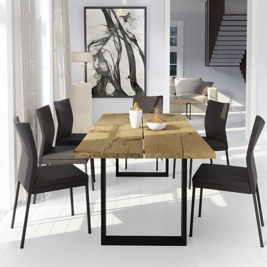 Woodek Esstisch OAKEN aus massiver Eiche, Naturkante, Design-Esstisch mit Metallbeinen – Bild 5