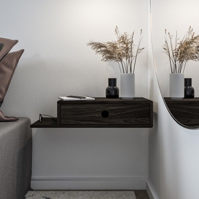 Schwebender Nachttisch HOPE mit Ablage auf der linken Seite, schwarze Birke