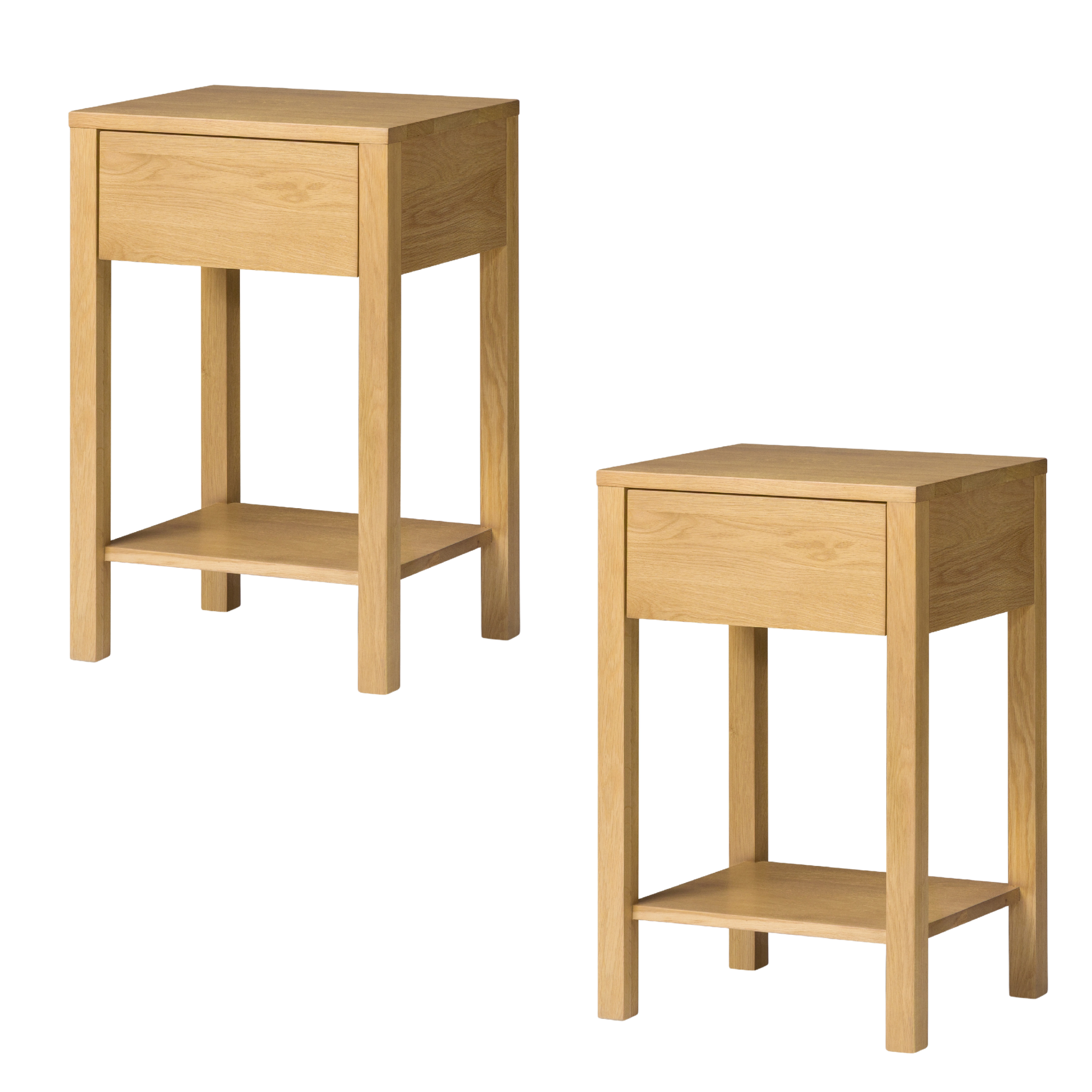 Woodek Nachttisch-Set TOMMY (2 Stück) aus massiver Eiche, matt lackiert, mit Schublade und Ablage