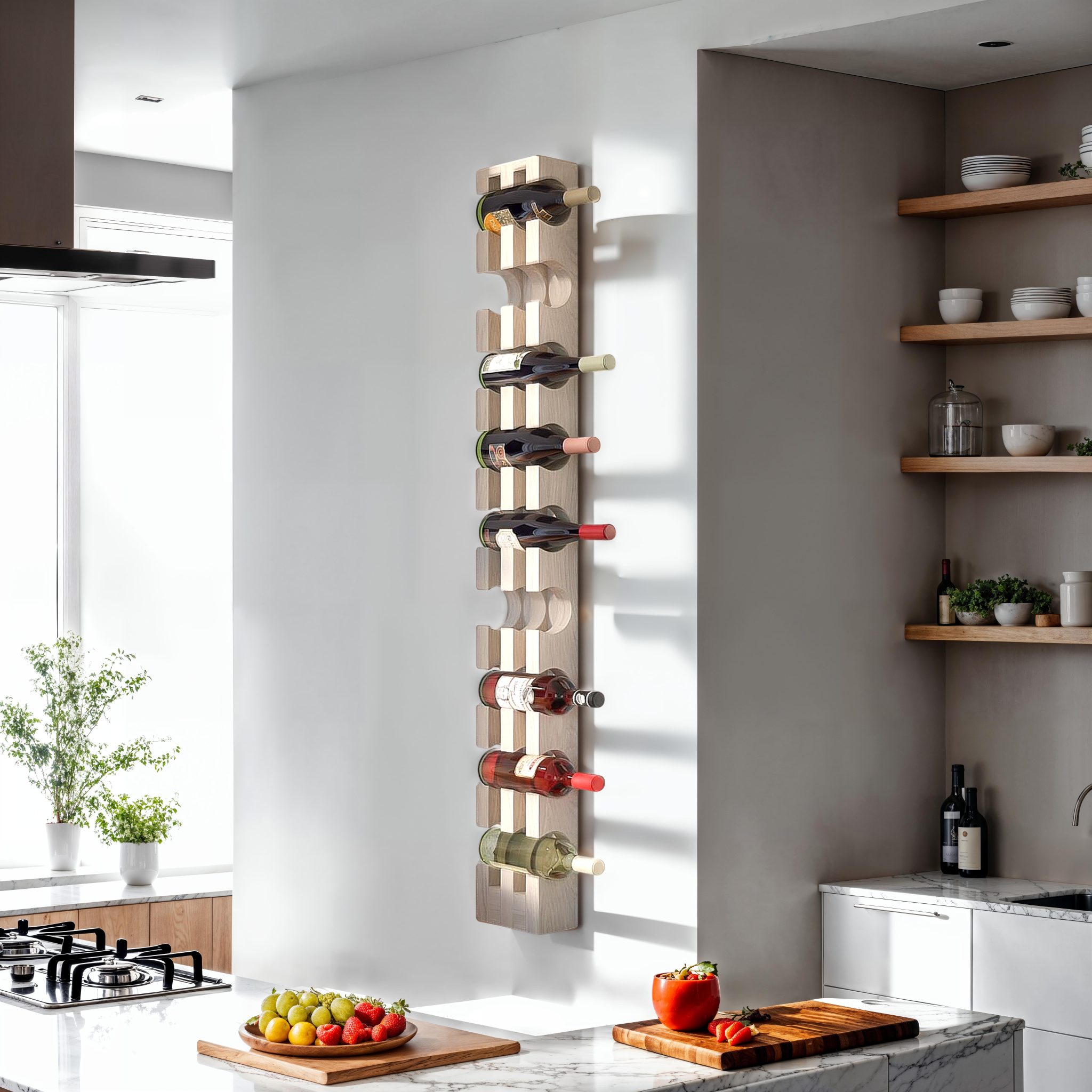 Wandmontiertes Weinregal aus massivem Buchenholz für 9 Flaschen, Weiß