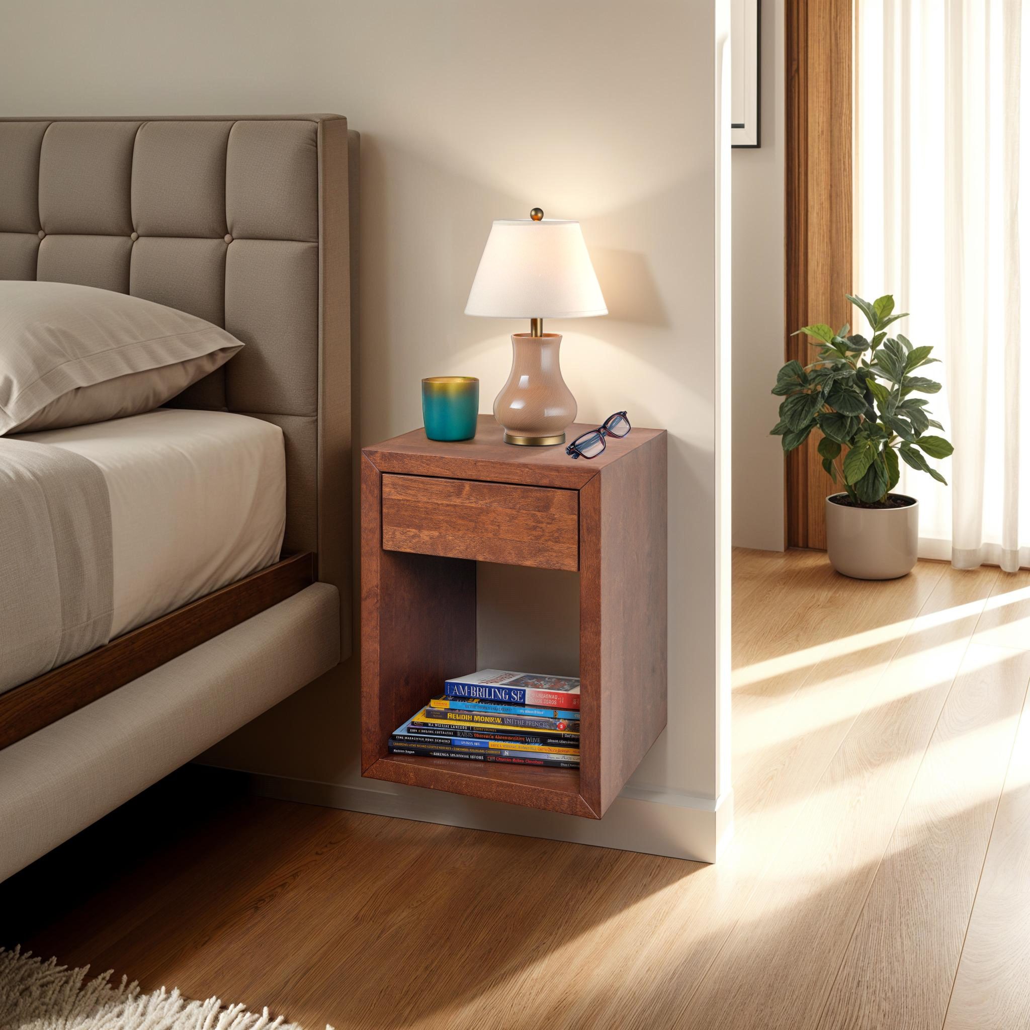 Hugo Nachttisch & Wandregal aus Esche/Birke mit Bernstein-Finish – Multifunktional, Minimalistisch & Warm | Woodek Design