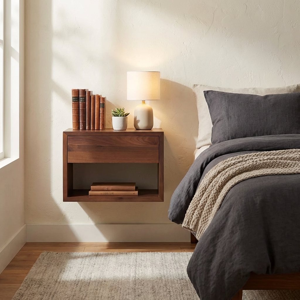 Wand‑Nachttisch/Regal Hugo aus Nussbaum mit Schublade | Woodek Design