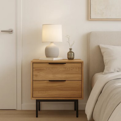 Nachttisch Bergen aus massiver Eiche natur, mit 2 Soft-Close Schubladen | Woodek Design