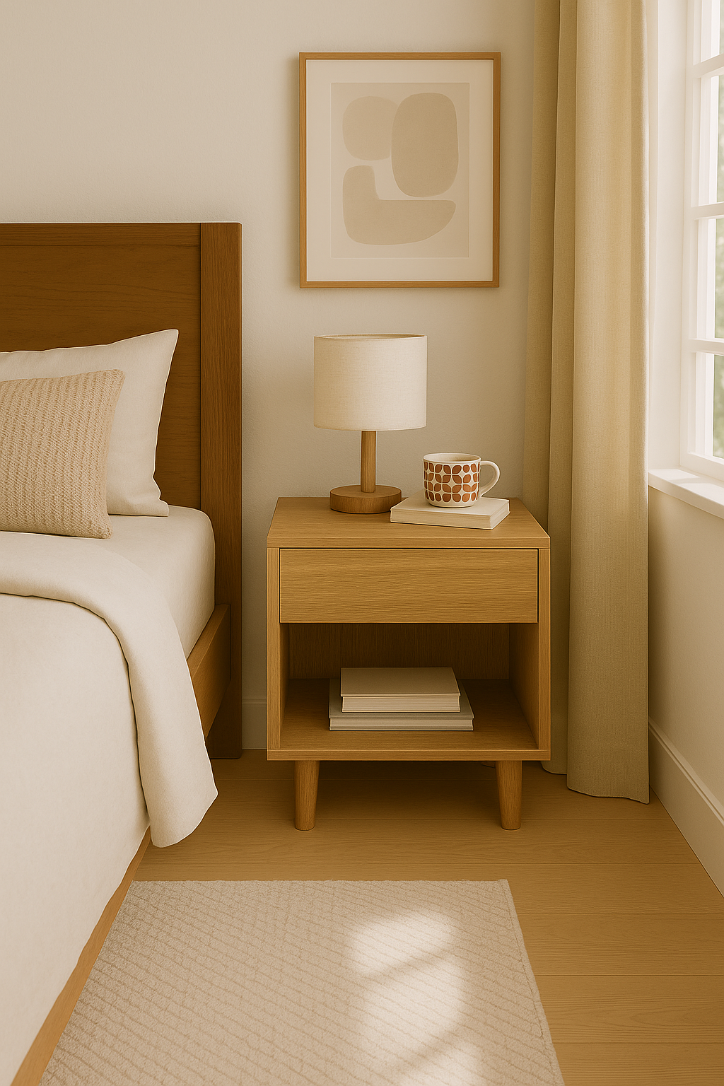 Nachttisch Celeste aus Eiche natur, Massivholz, mit Schublade und offenem Fach | Woodek Design