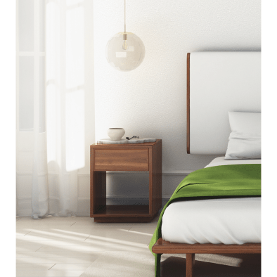 Woodek Nachttisch HELENE aus massivem Nussbaum, mit Schublade und offenem Fach, matt lackiert