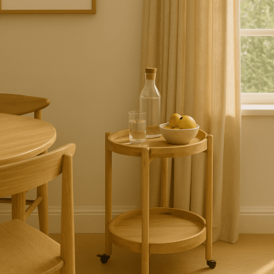 Servierwagen Hugo aus massiver Eiche natur, mit 2 runden Ablagen und Rollen | Woodek Design