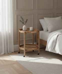 Servierwagen Hugo aus massiver Eiche natur, mit 2 runden Ablagen und Rollen | Woodek Design