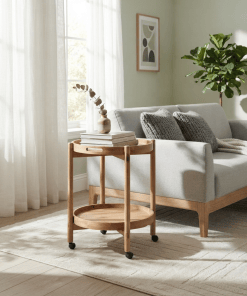 Servierwagen Hugo aus massiver Eiche natur, mit 2 runden Ablagen und Rollen | Woodek Design