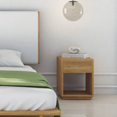 Nachttisch Emma 2 aus massiver Eiche natur, mit Schublade, offenem Fach und abgerundeten Kanten | Woodek Design