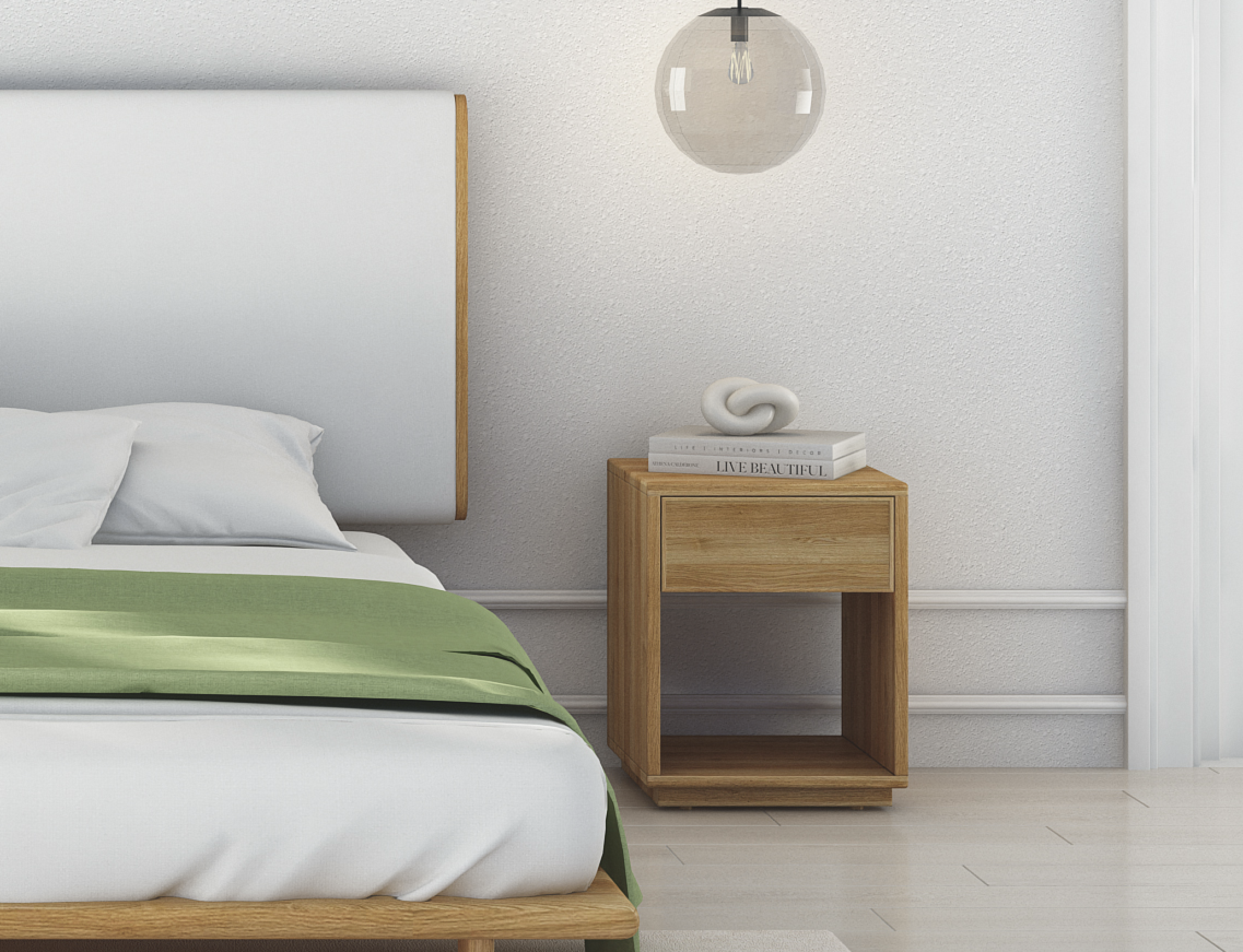 Nachttisch Emma 2 aus massiver Eiche natur, mit Schublade, offenem Fach und abgerundeten Kanten | Woodek Design