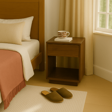 Nachttisch Emma 2 aus massiver Walnuss, mit Schublade, offenem Fach und abgerundeten Kanten | Woodek Design