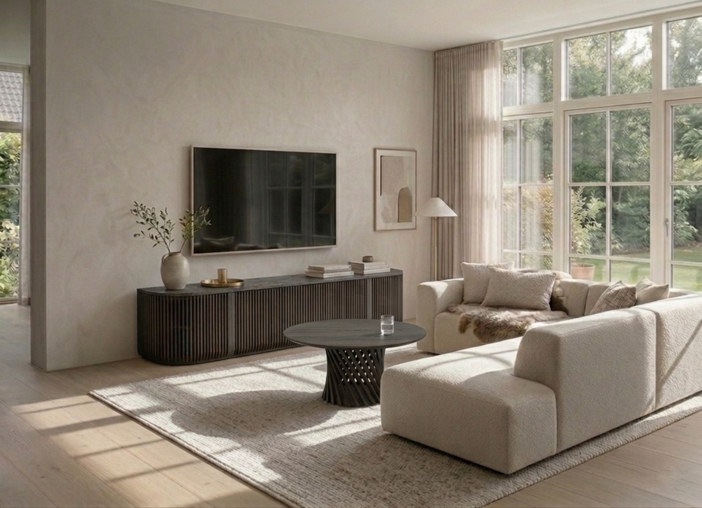 Franz TV-Board mit Lamellentüren aus Eiche (Massivholz & Furnier), Espresso-Lack | Woodek Design