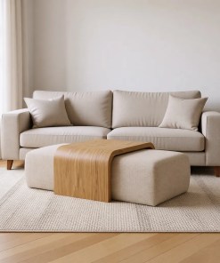 Woodek Couchtisch CELESTE aus Eiche mit 2 Poufs, beiger Stoff, matt lackiert