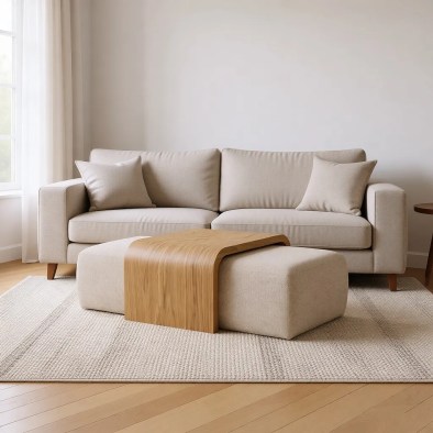 Woodek Couchtisch CELESTE aus Eiche mit 2 Poufs, beiger Stoff, matt lackiert