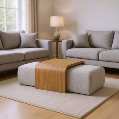 Woodek Couchtisch CELESTE aus Eiche mit 2 Poufs, grauer Stoff, matt lackiert