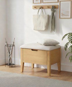 Woodek Sitzbank OSLO aus massiver Eiche mit Soft-Close-Schublade & beige Polsterung