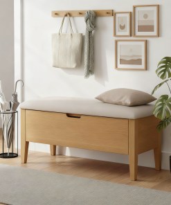 Woodek Sitzbank OSLO 90 cm aus massiver Eiche mit Soft-Close-Schublade & beige Polsterung