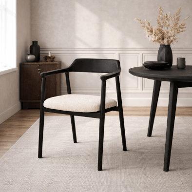 Woodek Esszimmerstuhl BERGEN aus massiver Eiche, schwarz lackiert, mit Cobble-Stoff