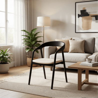 Woodek Esszimmerstuhl CELESTE aus massiver Eiche, schwarz lackiert, mit beigem Kunstleder