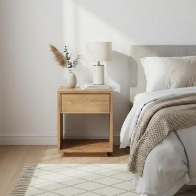 Woodek Nachttisch HELENE aus massiver Eiche, mit Schublade und offenem Fach, matt lackiert