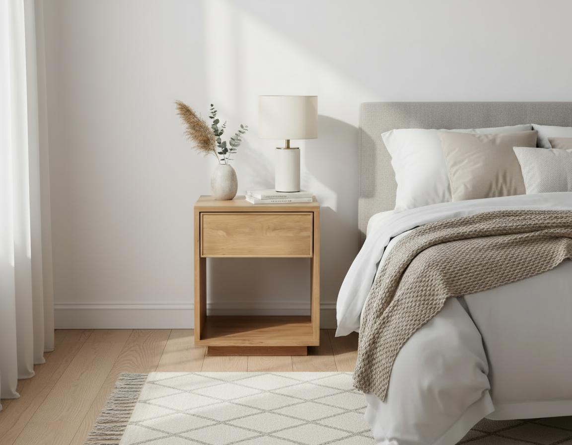 Woodek Nachttisch HELENE aus massiver Eiche, mit Schublade und offenem Fach, matt lackiert