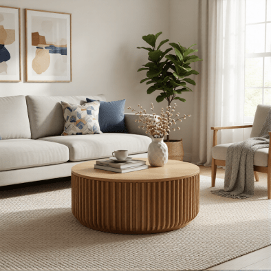 Woodek Couchtisch FRANZ rund Ø90 cm aus Eiche, mit Schublade, matt lackiert