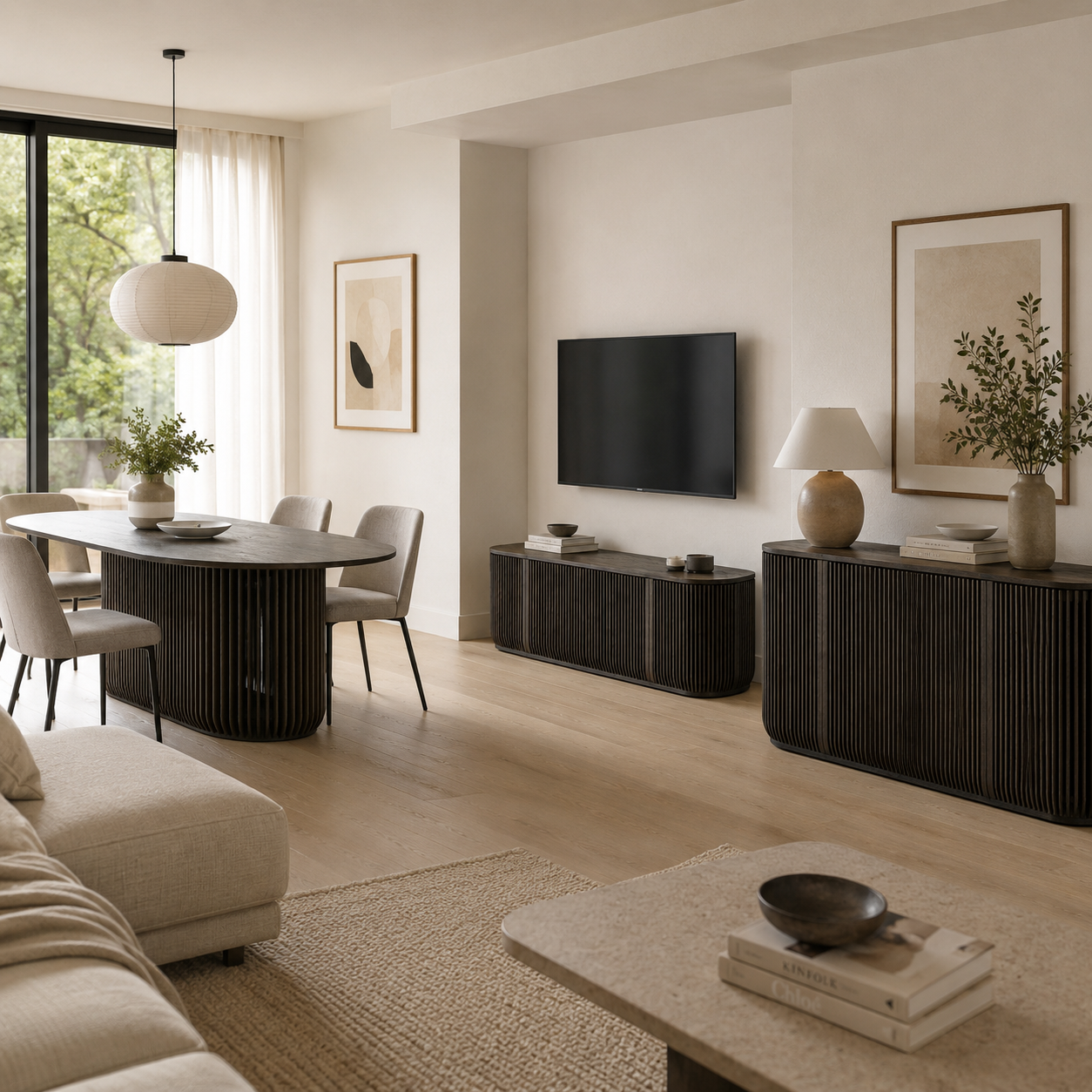 Franz Bundle aus Esstisch 190 cm, TV-Board & Kommode aus Eiche – Espresso matt lackiert
