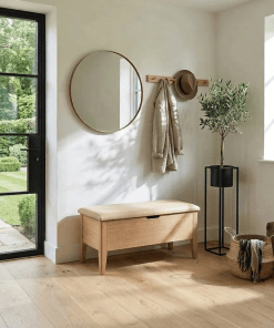 Woodek Sitzbank OSLO 90 cm aus massiver Eiche mit beigem Leder und Soft-Close-Schublade