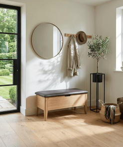 Woodek Sitzbank OSLO 90 cm aus massiver Eiche mit braunem Leder und Soft-Close-Schublade