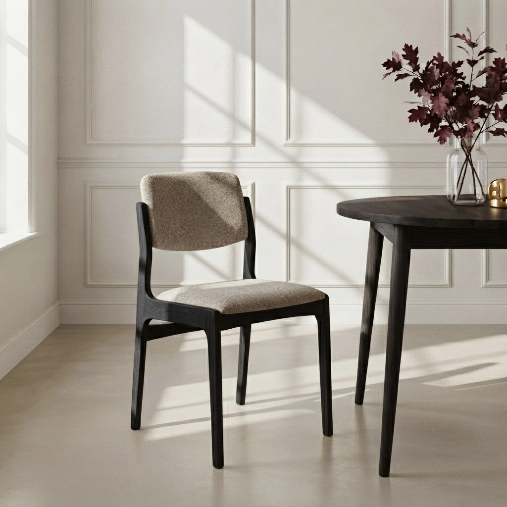 Woodek Stuhl OSLO aus massiver Eiche in Espresso mit Cobble-Stoff